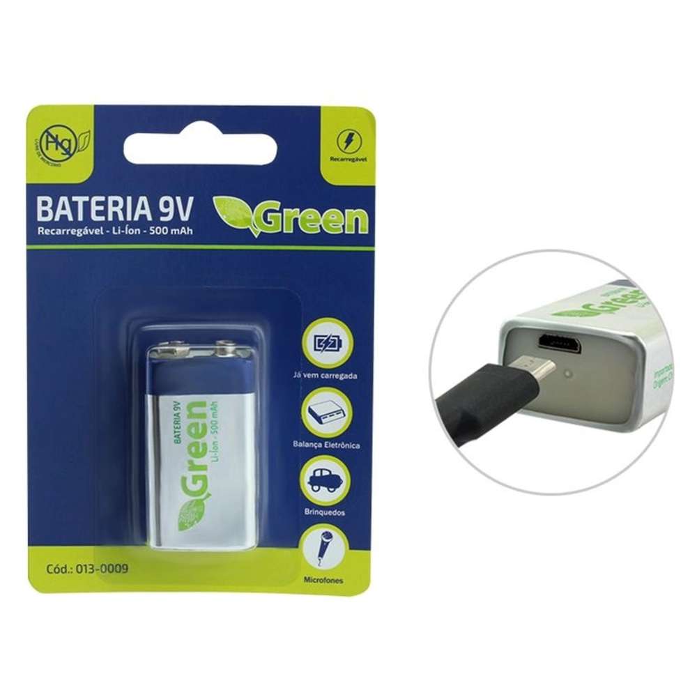Bateria 9V 500MA Recarregavel Por V8 Green 013-0009
