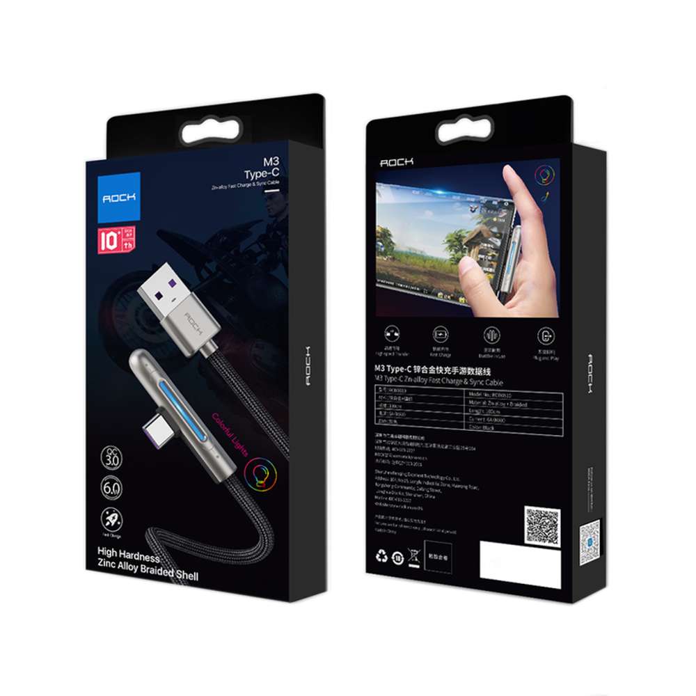 Cabo Gamer Turbo 20W Tipo-C da Rock 1 metro com luz RGB