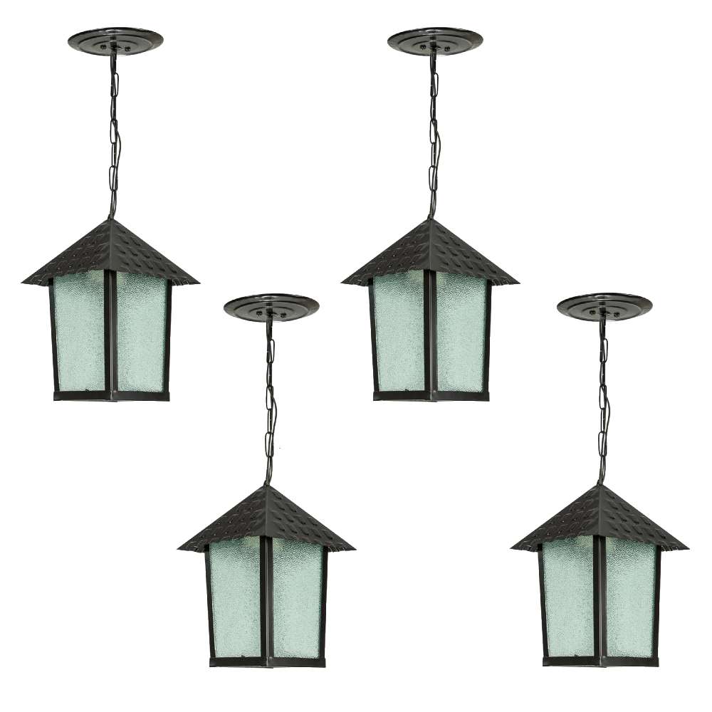 Kit 4 Pendentes Colonial Quadrado Vidro Pontilhado Preto